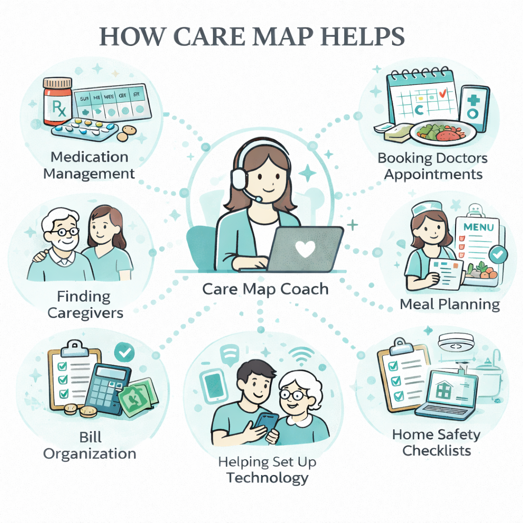 An infographic titled 'How Care Map Helps' showing a central character labeled 'Care Map Coach' surrounded by six icons representing different services: Medication Management with pills and a medication bottle, Booking Doctors Appointments with a calendar and healthy food, Meal Planning with a food menu, Home Safety Checklists with a checklist and home devices, Helping Set Up Technology with a smartphone and elderly woman, Finding Caregivers with an elderly man and a caregiver, and Bill Organization with a calculator, bills, and money.