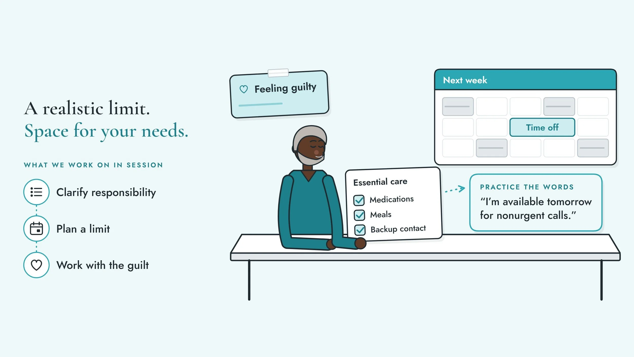 llustration of a caregiver planning protected time and clear availability.