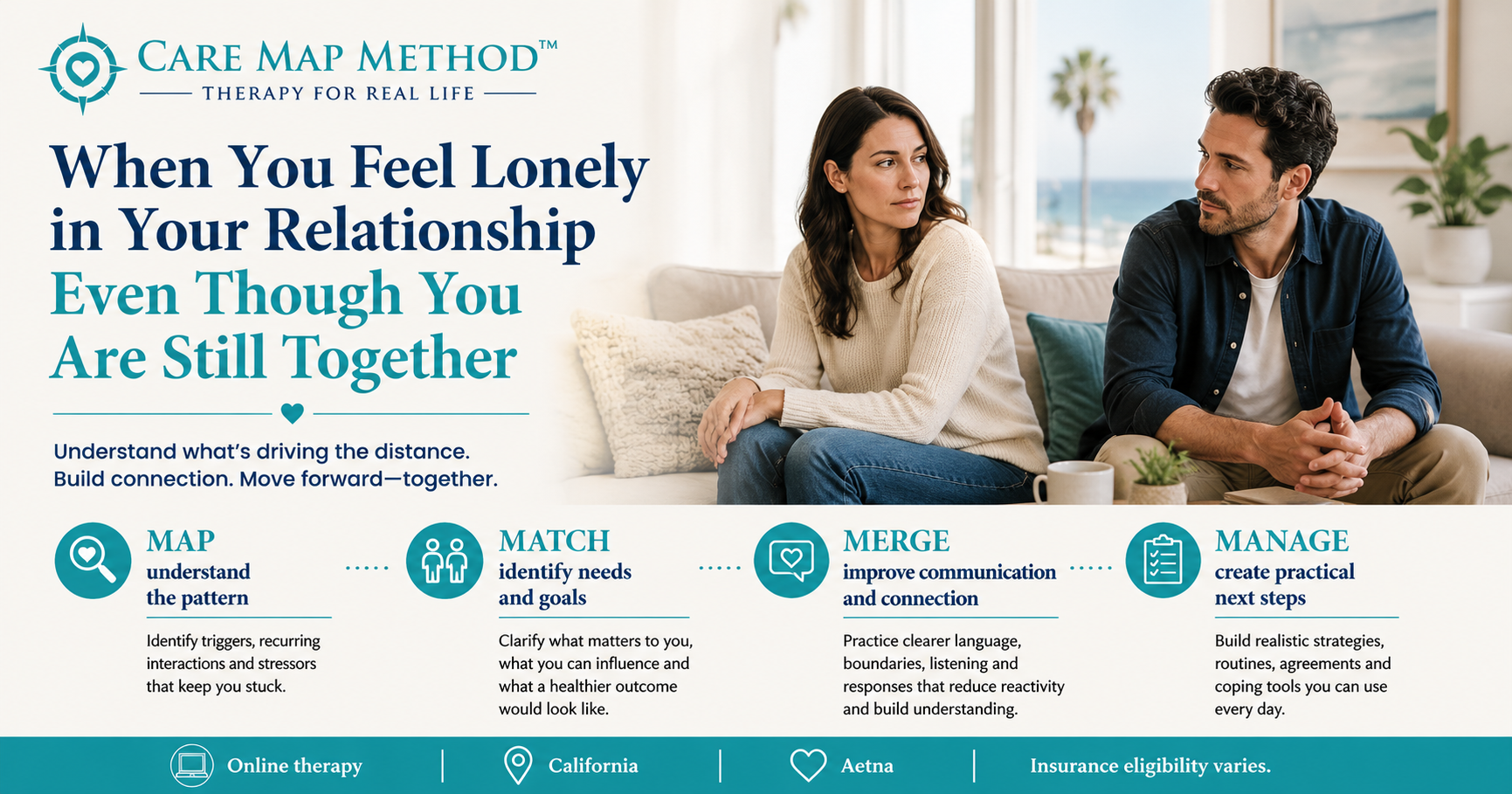 Online relationship therapy in California for emotional disconnection, communication problems and recurring conflict; Aetna eligibility varies.