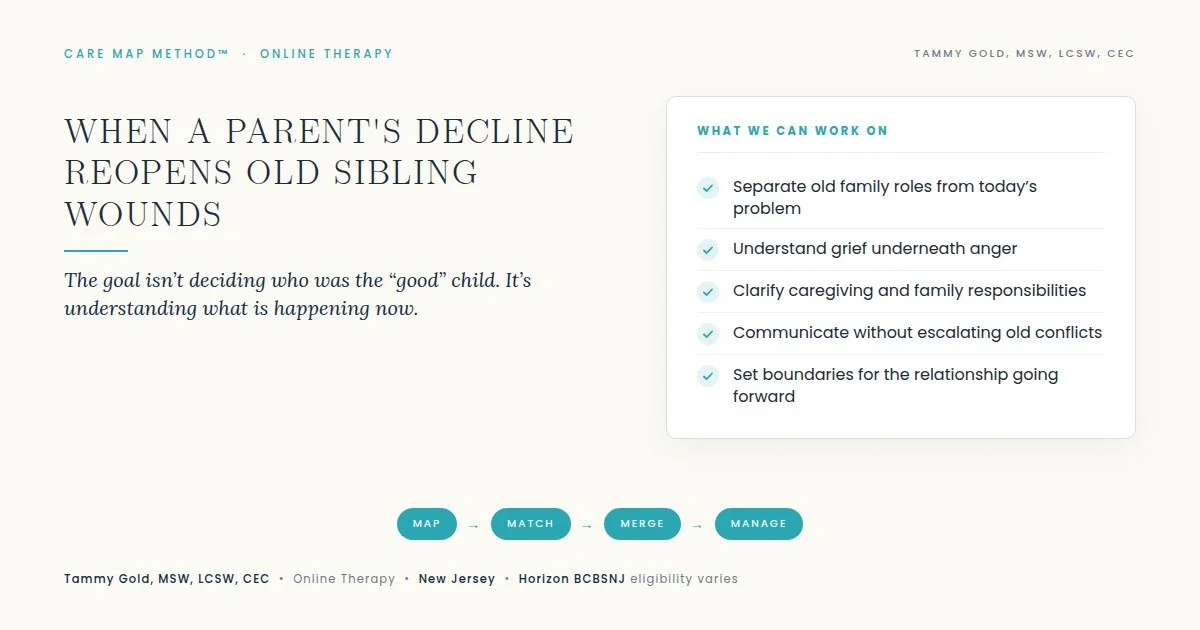 siblings fighting aging parent; sibling conflict after parent dies; caregiving resentment siblings; family grief conflict NJ; Horizon therapist NJ