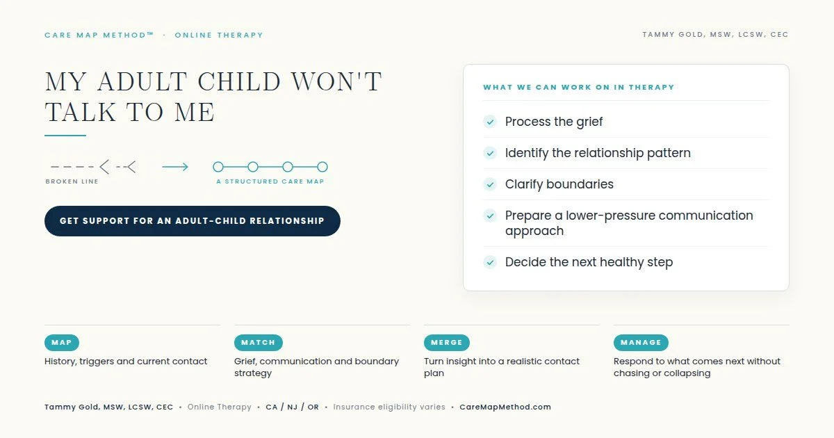 Care Map Method therapy for parent and adult child estrangement, communication, boundaries and next steps