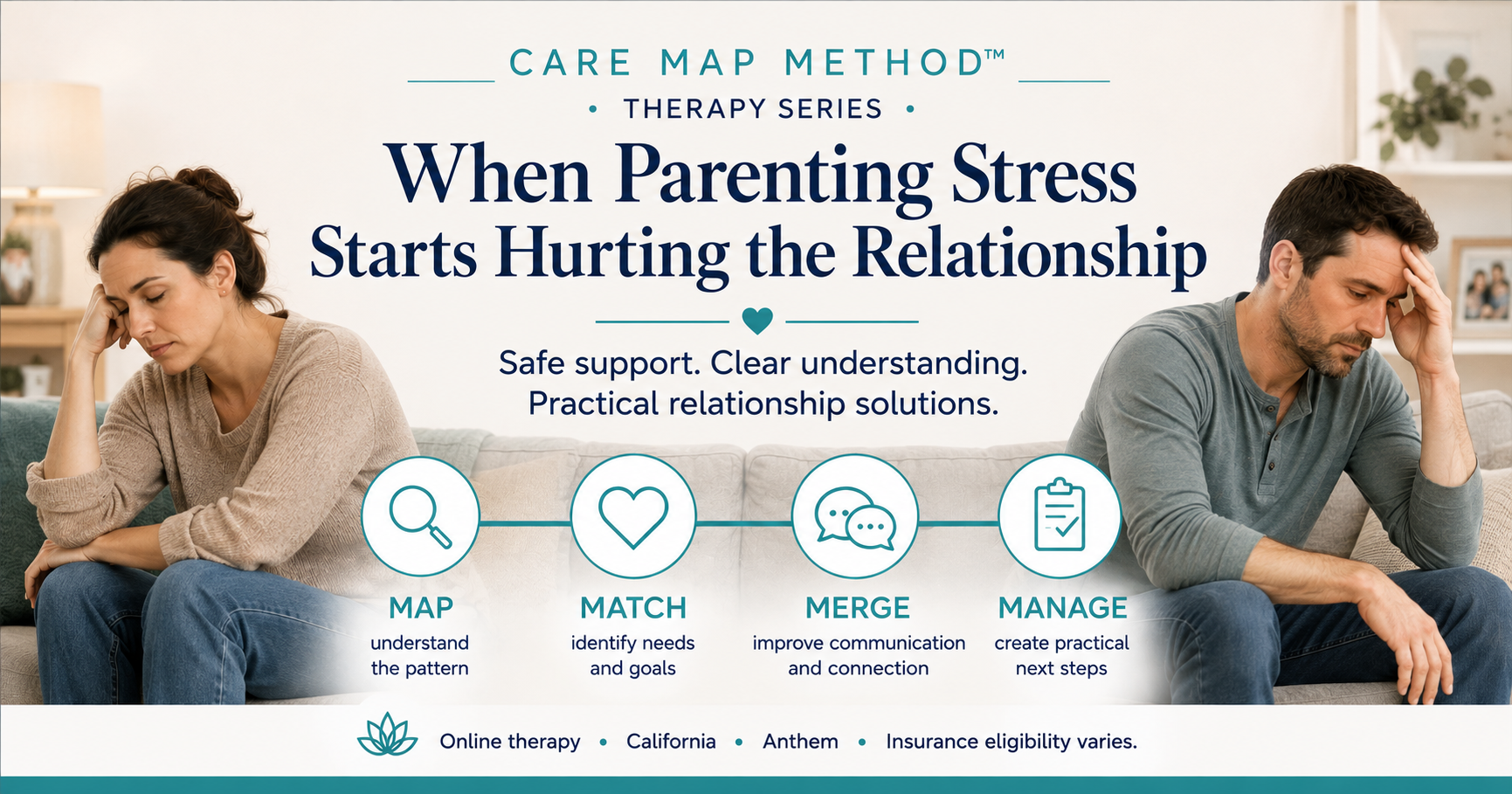 Anthem therapy in California for parenting stress, marriage conflict, mental load, and communication using the Care Map Method.