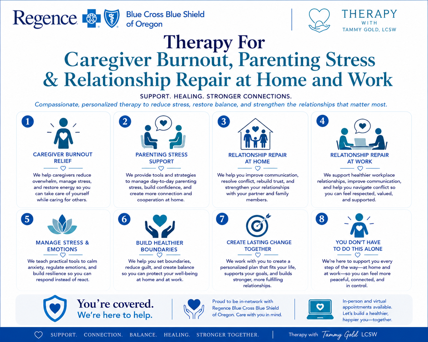 Regence BlueCross BlueShield Oregon therapy with Tammy Gold, LCSW for caregiver burnout, parenting stress, relationship stress and family conflict.