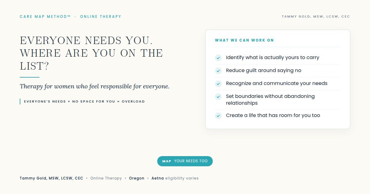 Online Oregon therapy for women overwhelmed by family responsibilities, emotional labor, guilt, boundaries and caregiving demands.