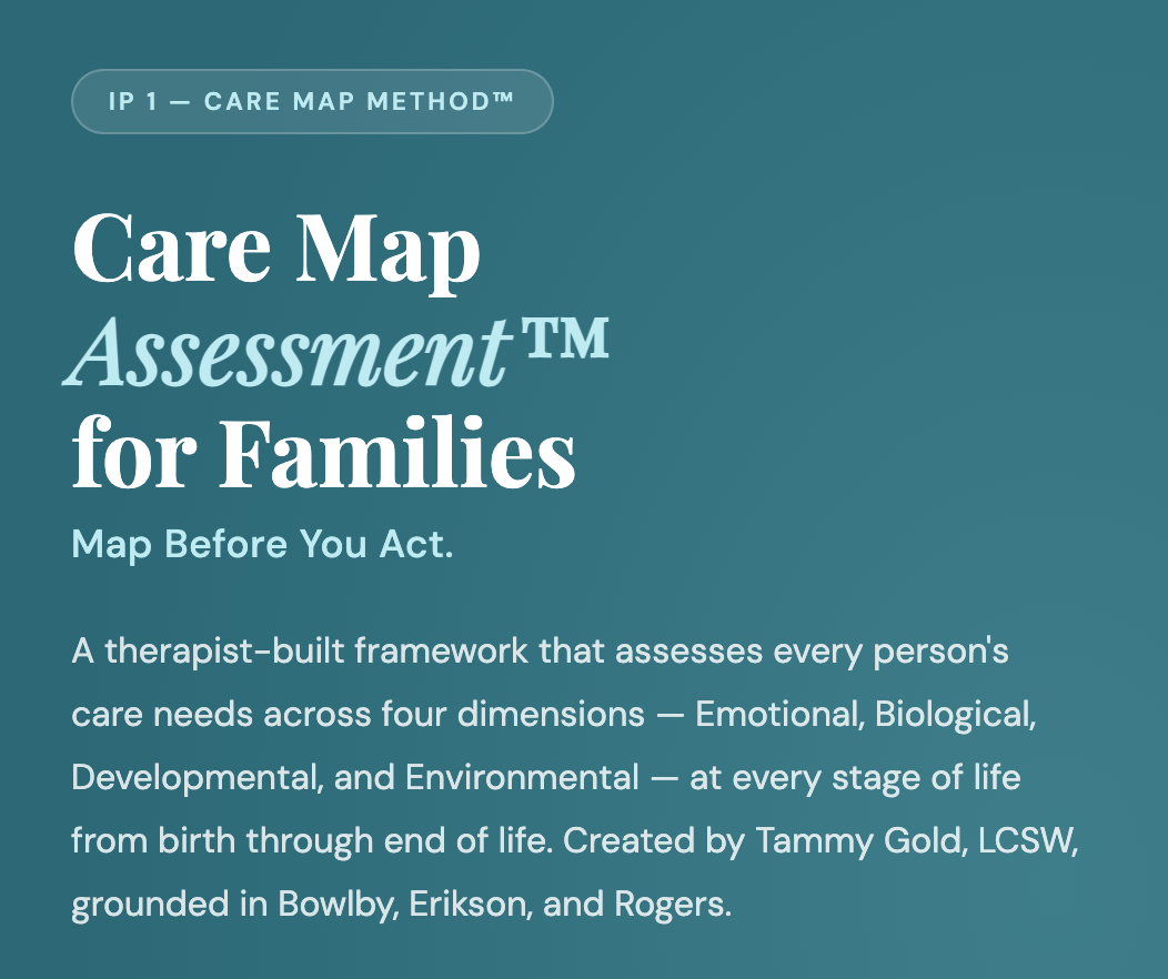 The cover page of a guide titled 'Care Map Assessment for Families,' which introduces a framework for assessing care needs across emotional, biological, developmental, and environmental dimensions at every stage of life, created by Tammy Gold.
