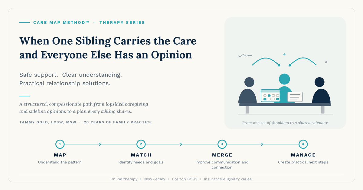 Horizon BCBS therapy in New Jersey for sibling conflict, caregiver burden, aging-parent decisions, and family communication.