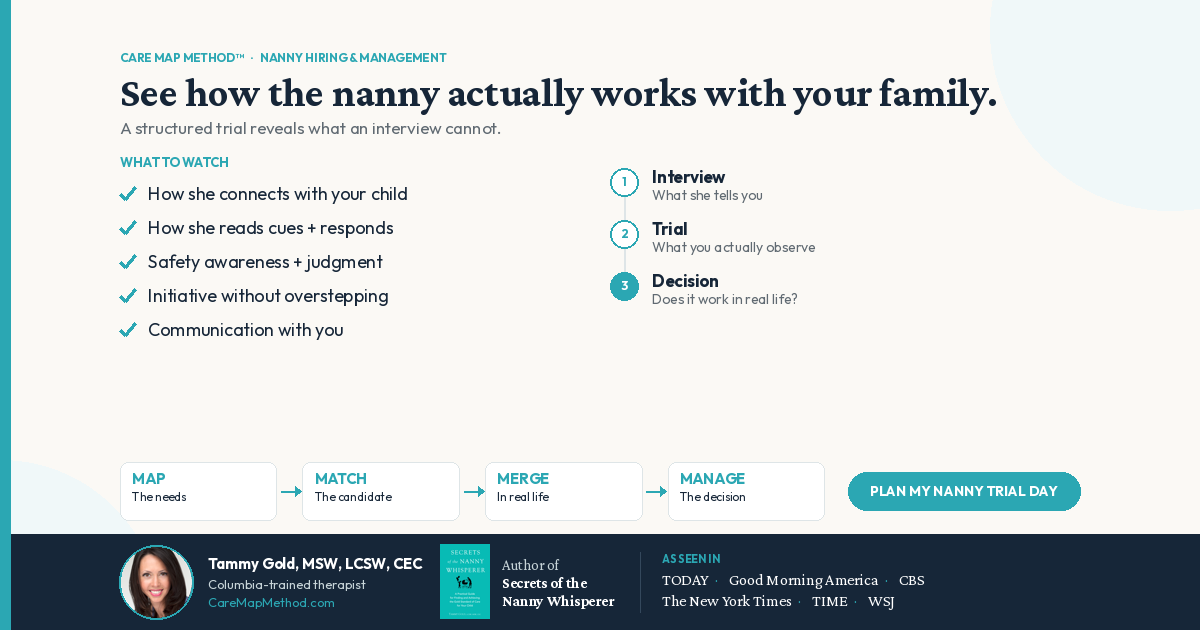 Nanny trial day guide showing what parents should observe before hiring a nanny using the Care Map Method.