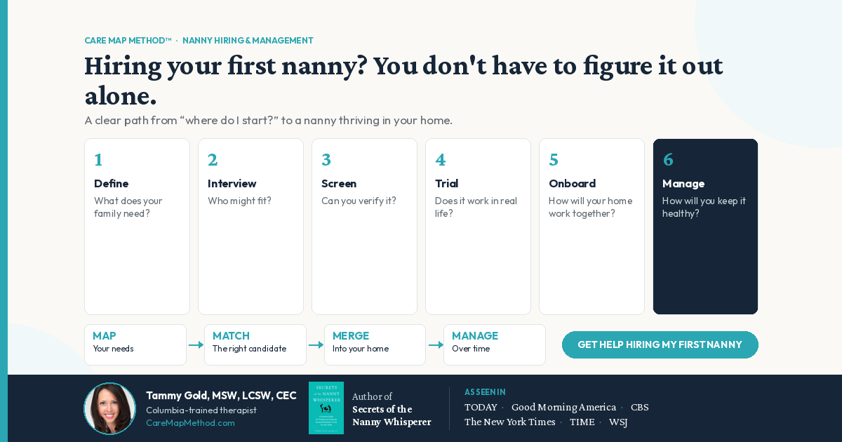 First time hiring a nanny step-by-step process from family needs through interview, screening, trial, onboarding and management.