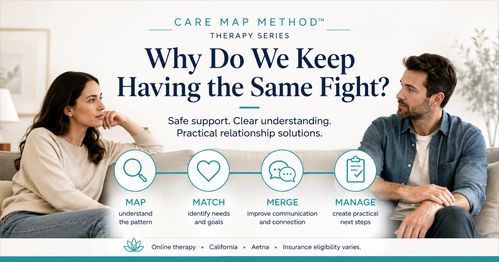 Aetna couples counseling in California with Tammy Gold, LCSW, using the Care Map Method to understand repeated arguments and improve communication.