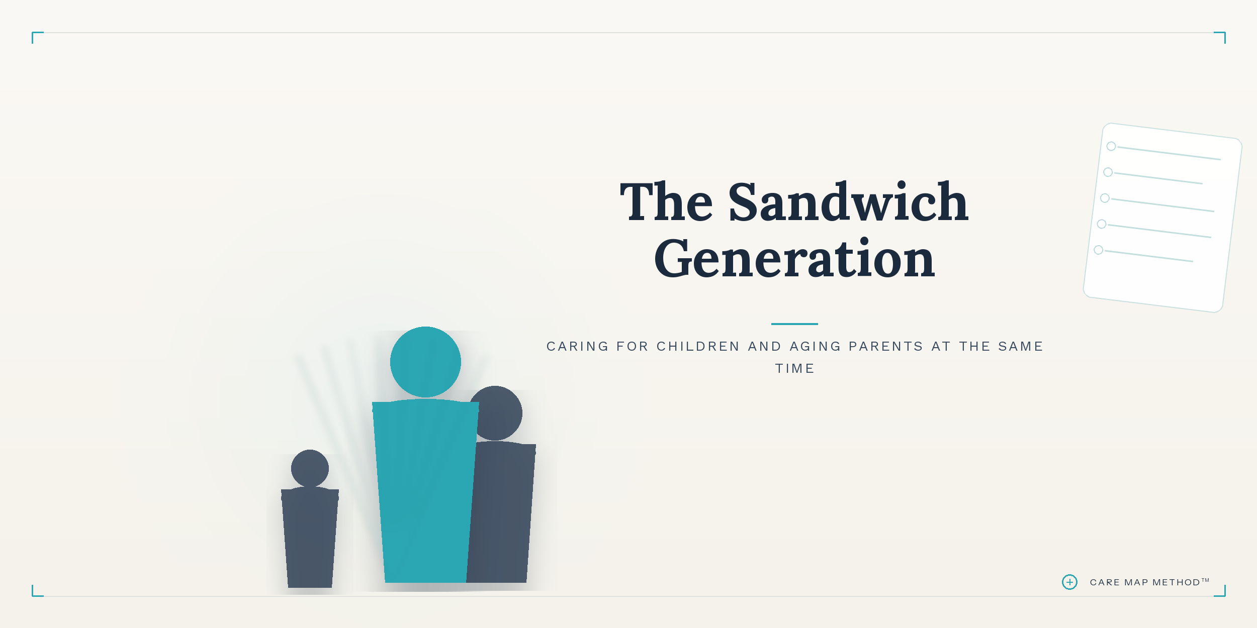 Adult positioned between a child and an aging parent, representing sandwich generation stress and family caregiving.