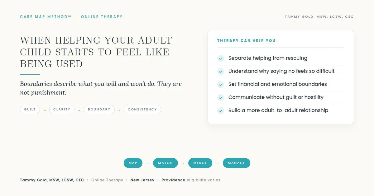 Therapy for parents struggling with adult-child boundaries, resentment, guilt and one-sided relationships in New Jersey.