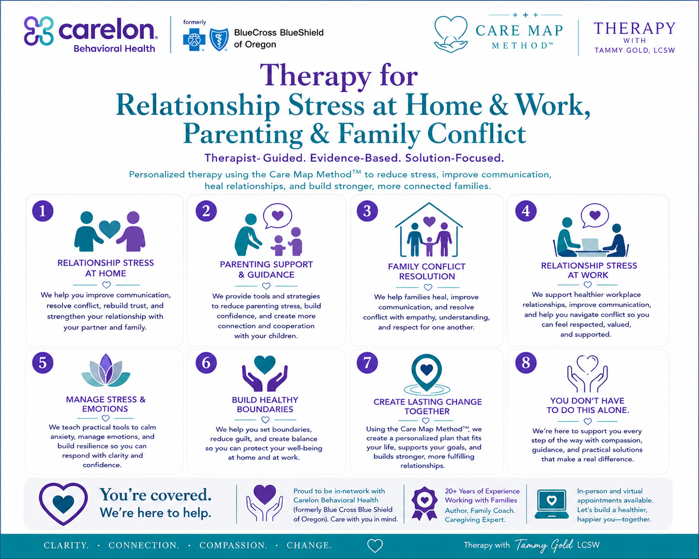 Carelon Behavioral Health therapy with Tammy Gold, LCSW for relationship stress, parenting stress, family conflict, divorce and caregiver burnout.