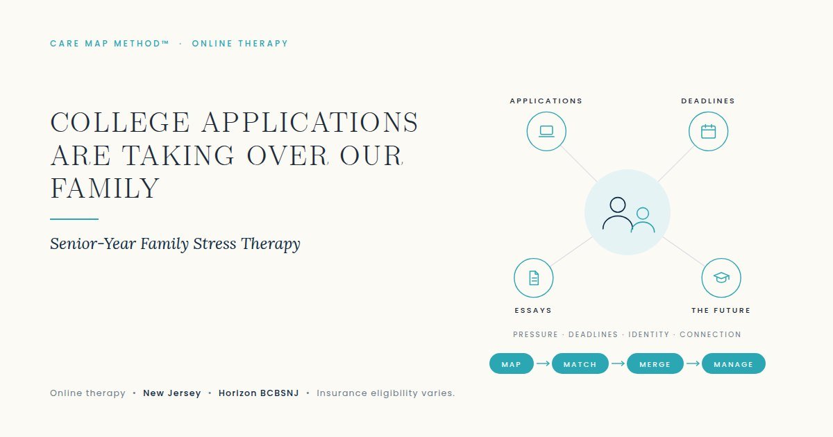 Online therapy in New Jersey for college application stress, parent-teen conflict and senior-year family pressure; Horizon BCBSNJ eligibility varies.