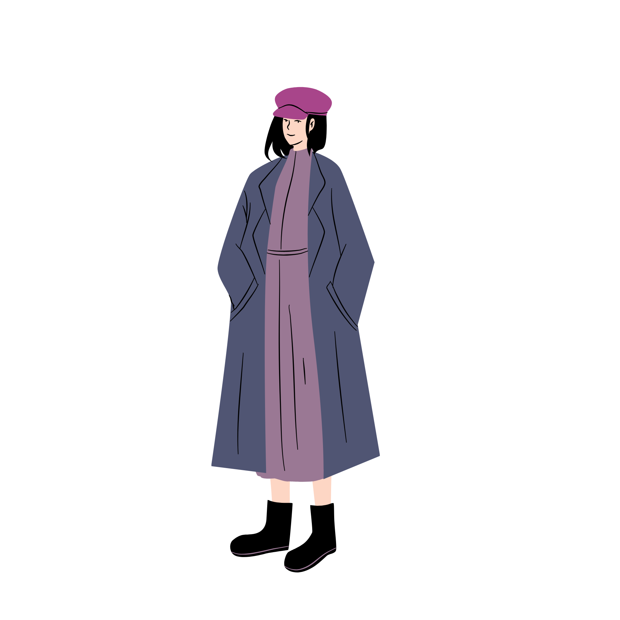 Digital illustration of a woman wearing a purple hat and a long coat with hands in pockets, standing against a black background.