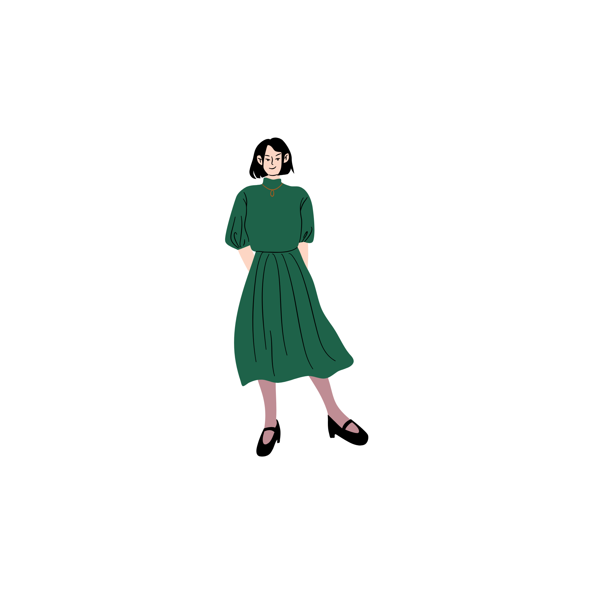A digital drawing of a young woman with short dark hair, wearing a green dress with puffed sleeves and a long pleated skirt, standing on one leg with the other slightly bent, against a black background.