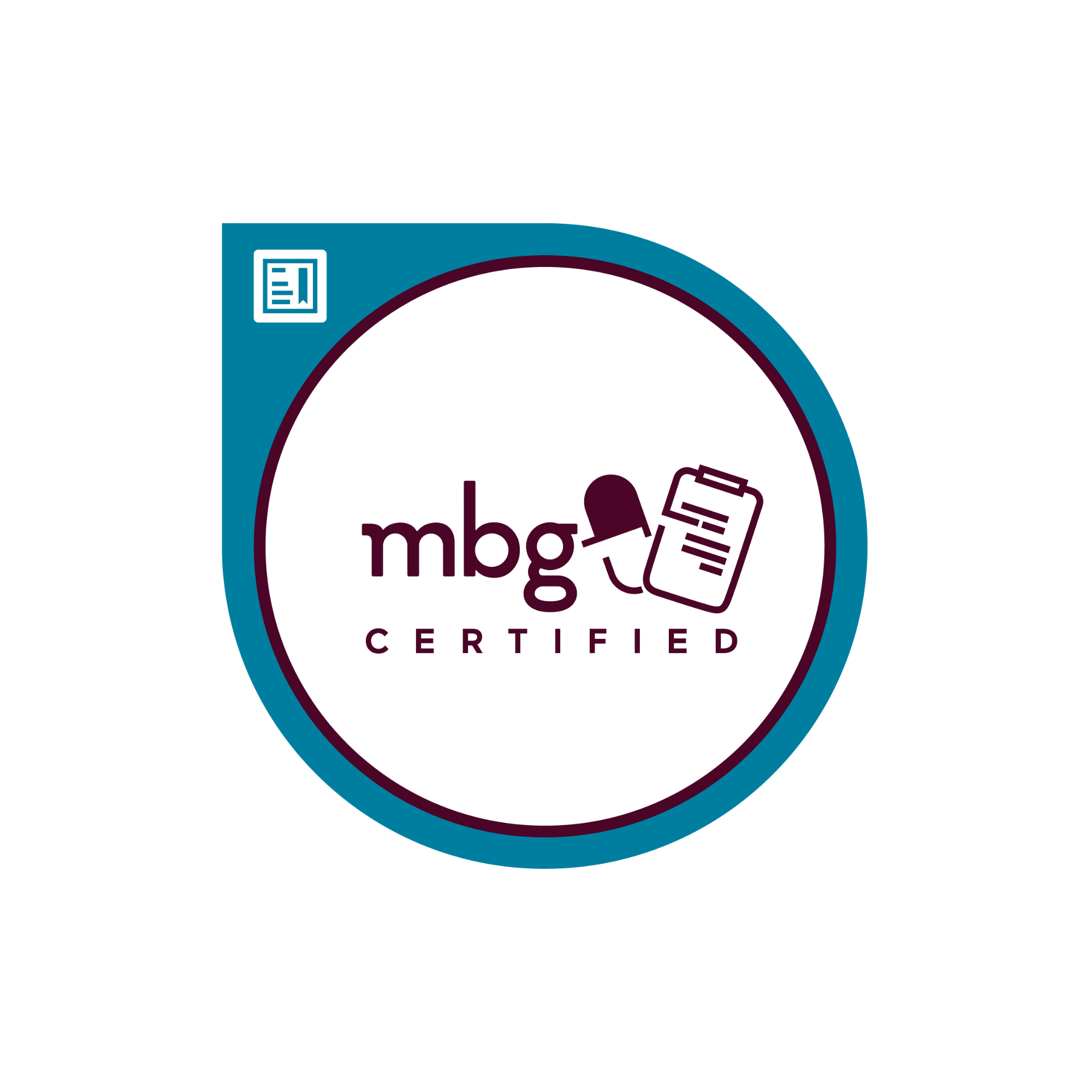 A circular sticker with a black background and a blue border. Inside the circle, it says 'mbg' in pink letters, with a small icon of a document and a survey grid above the text. Below 'mbg,' it says 'CERTIFIED' in smaller capital letters.