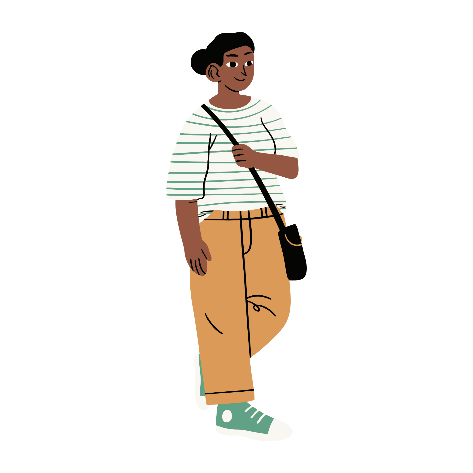 Illustration of a girl with dark skin and short black hair, wearing a white and green striped shirt, beige pants, and teal sneakers, holding a black strap.