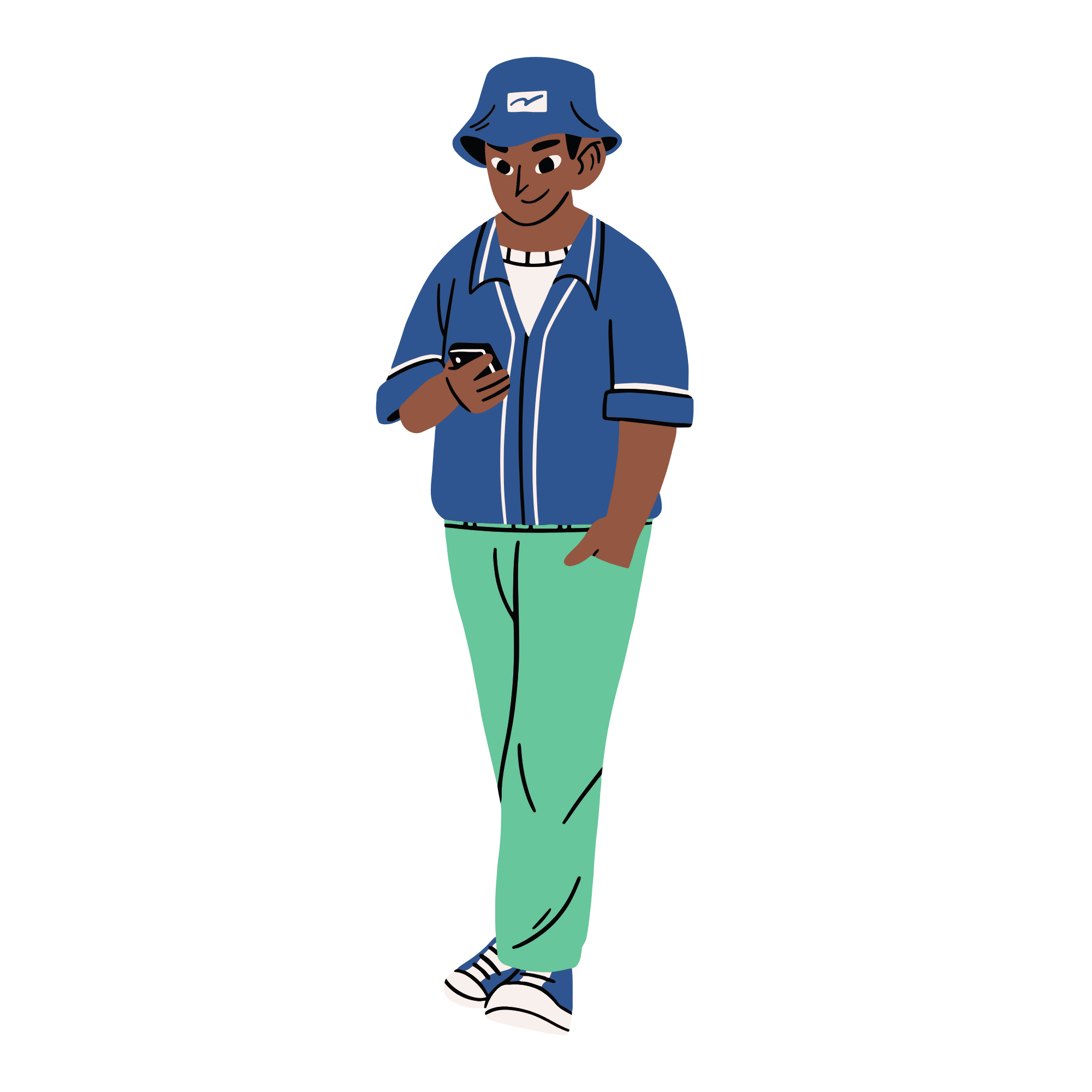 An animated person wearing a blue baseball hat, a blue jacket, green pants, and striped shoes, looking at a smartphone.