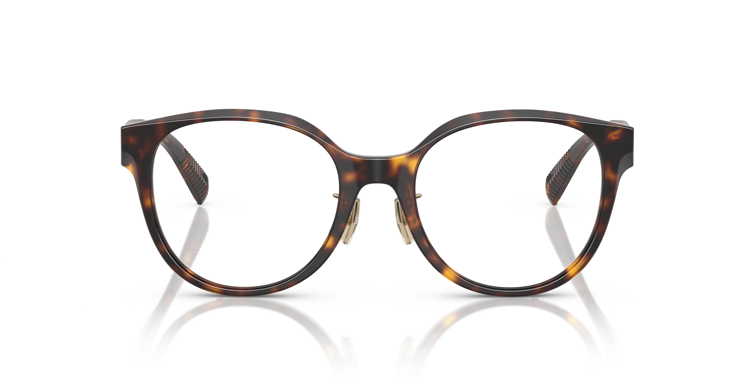 A pair of tortoiseshell Tiffany designer glasses with round frames and gold-toned nose pads reflected on a glossy surface.