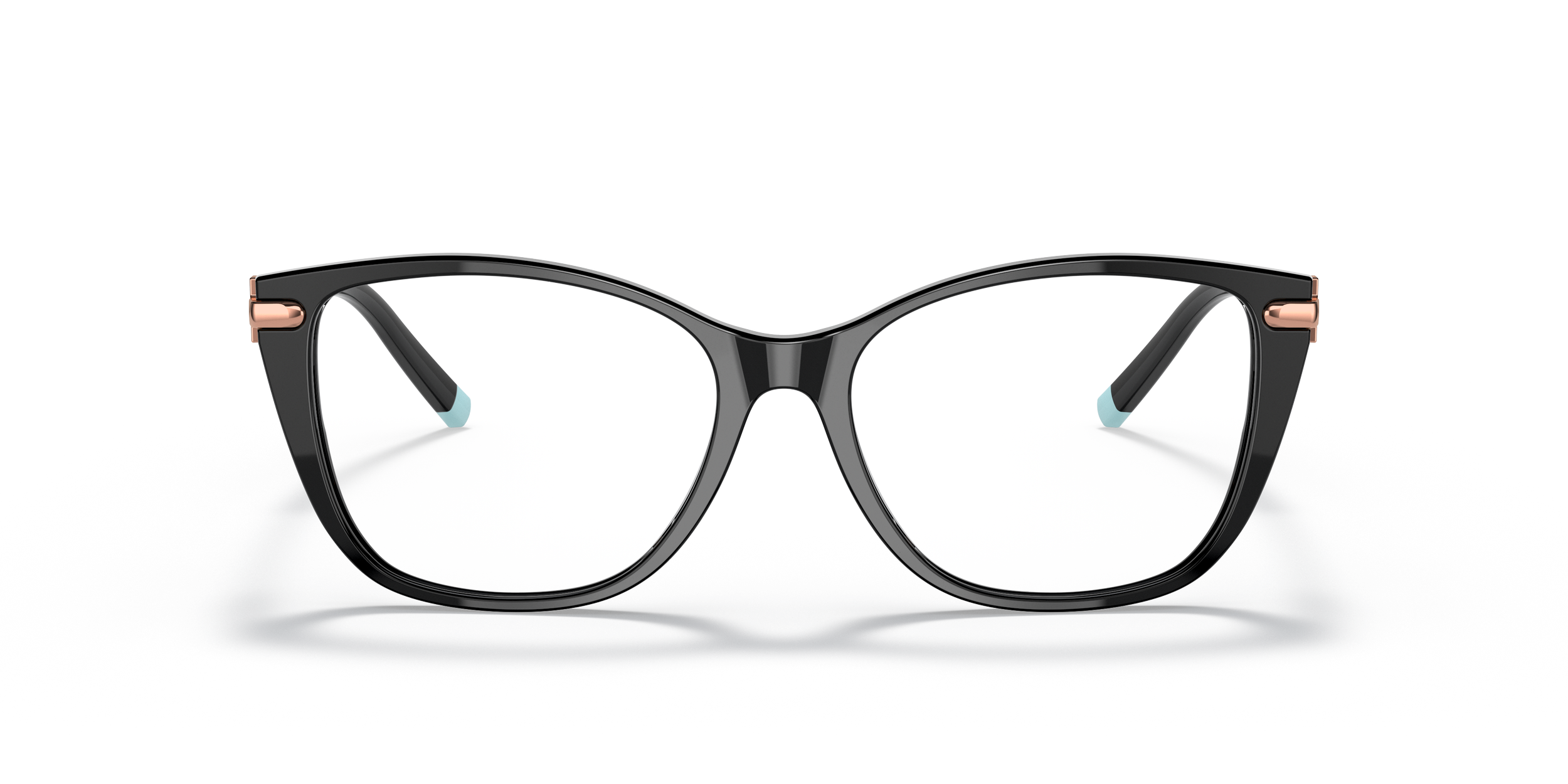 Stylish black Tiffany designer eyeglasses with rose gold accents on the temple hinges, resting on a reflective surface.