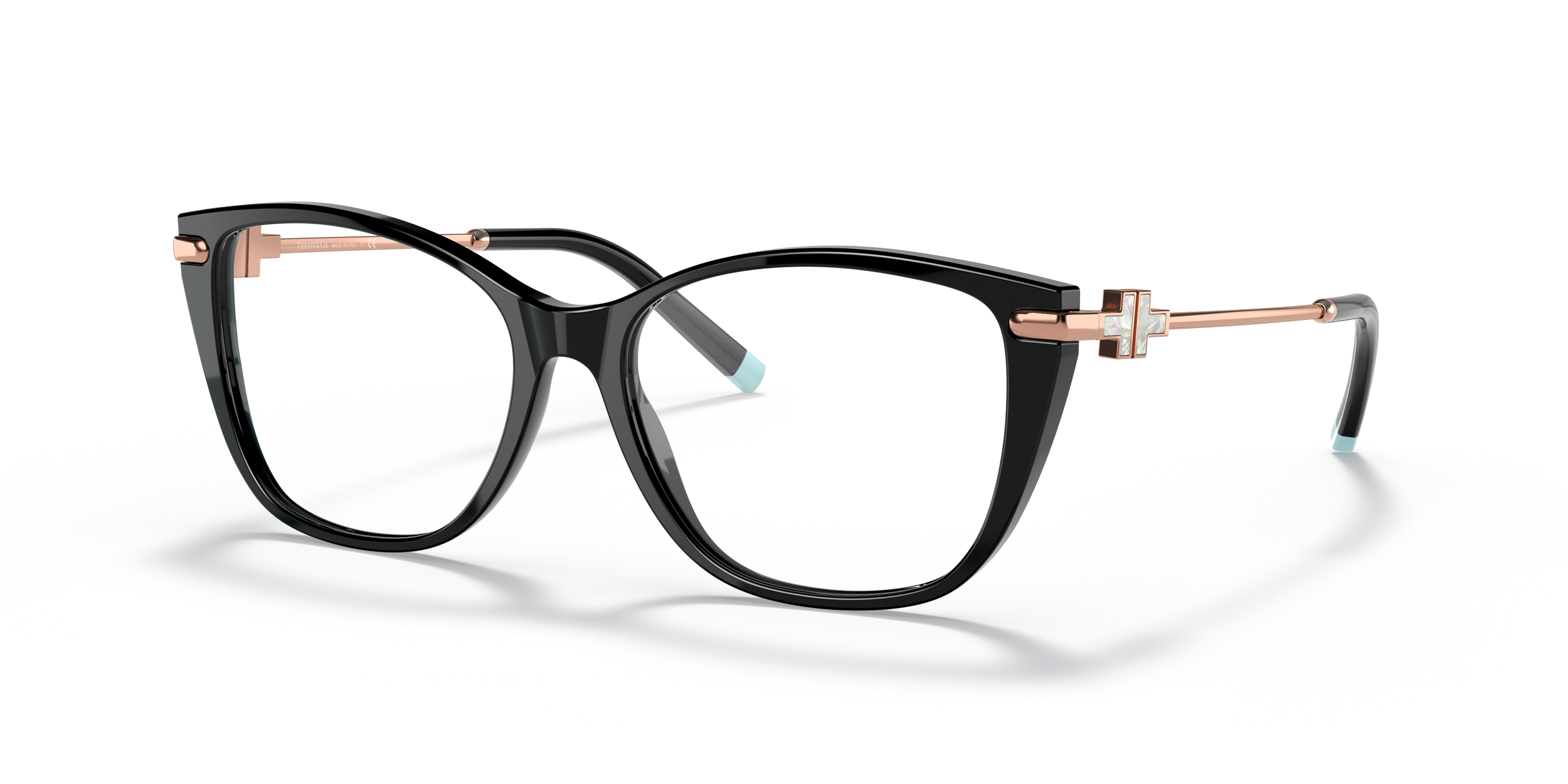 Black Tiffany designer eyeglasses with a small cross detail on the temples