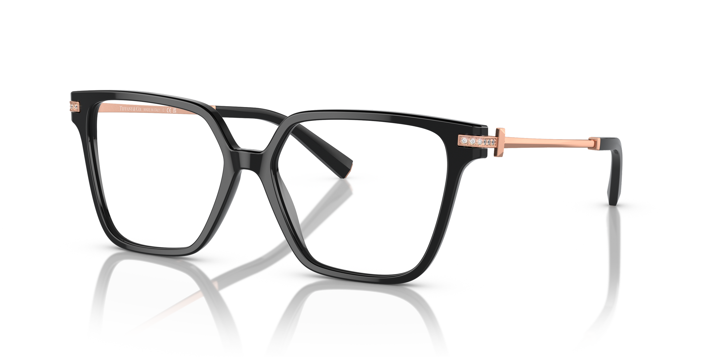Black and rose gold Tiffany & Co. glasses with rectangular frames and decorative details on the temples.