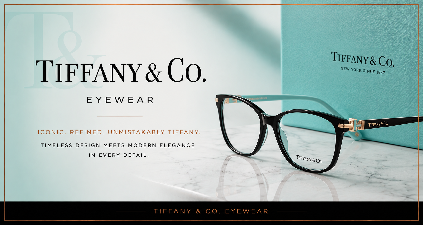 Tiffany & Co. eyewear advertisement featuring a pair of black eyeglasses with gold accents on a marble surface, with Tiffany blue box in background, and text describing the brand's iconic and modern design.