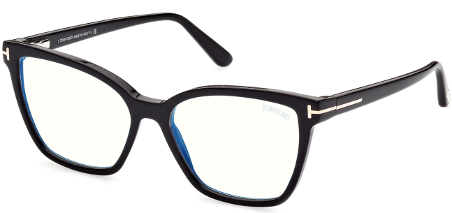 Black Tom Ford glasses with a gold 'T' accent on the temples, featuring clear lenses.