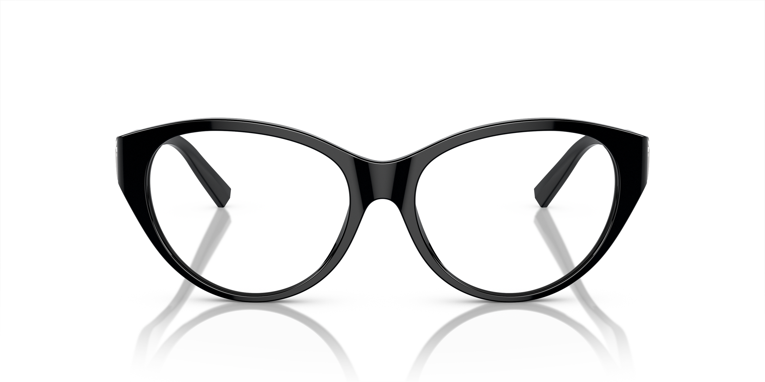 A pair of black  Tiffany designer glasses with regular frames and clear lenses against a white background.