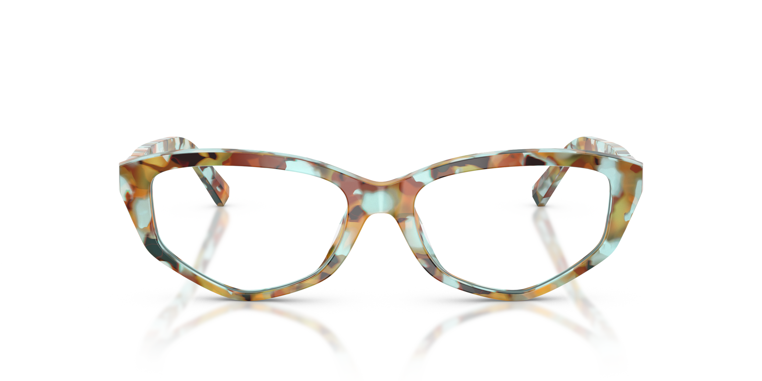 Tiffany designer fashion glasses with a colorful, tortoiseshell pattern and large, rectangular lenses, reflected on a glossy surface.