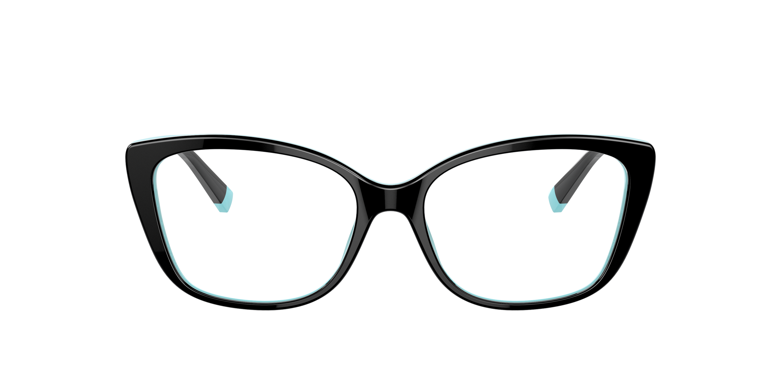A pair of black and white Tiffany designer eyeglasses with blue accents on the temples.