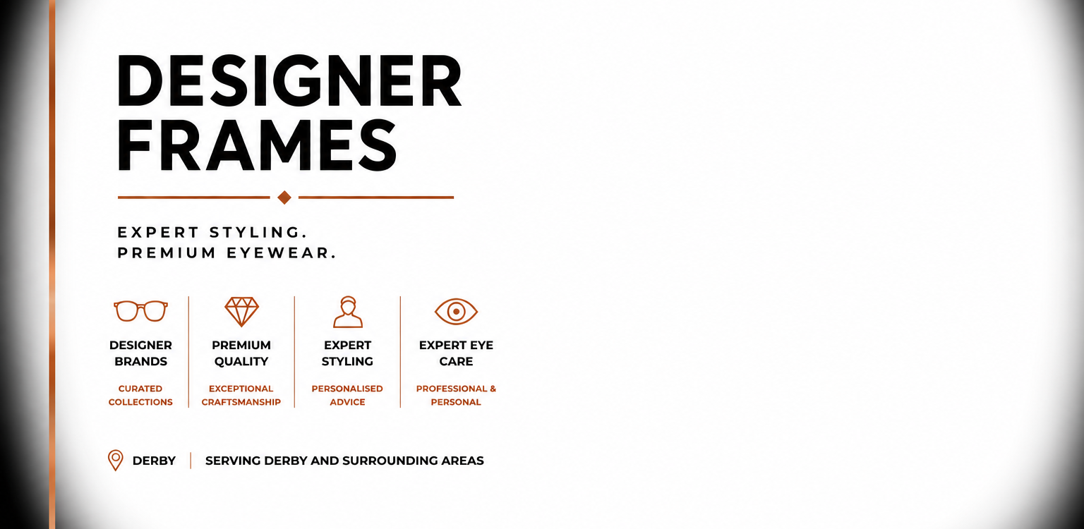 An advertisement for designer eyeglass frames, highlighting expert styling and premium eyewear, featuring icons for designer brands, quality, styling, and eye care, and indicating service in Derby and surrounding areas.