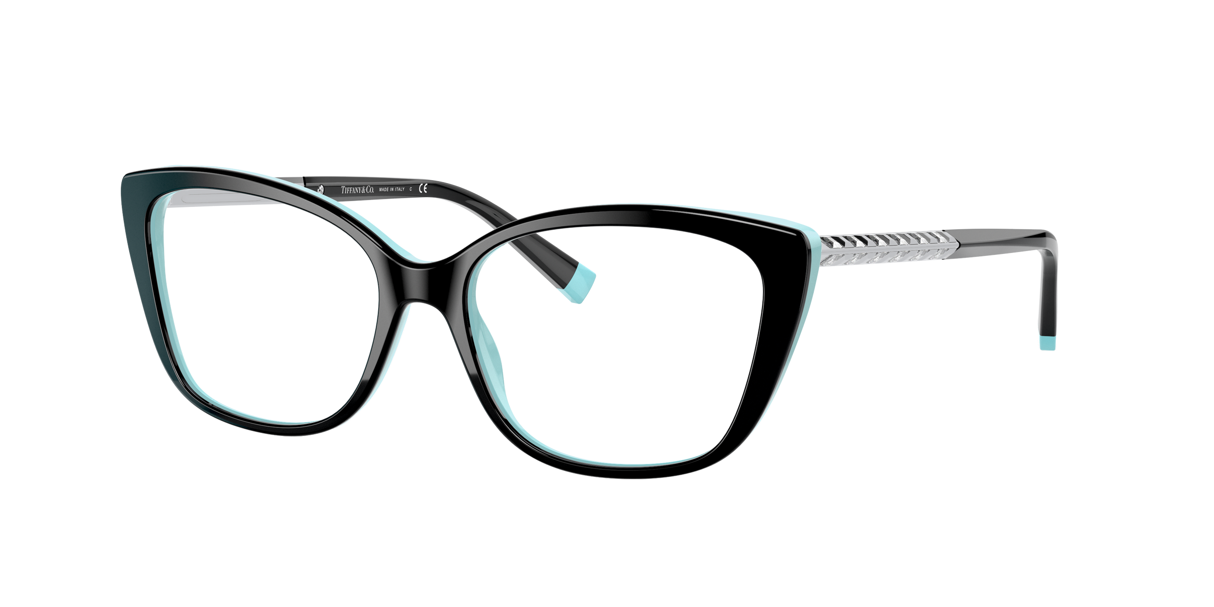 A pair of Tiffany designer eyeglasses with black frames, light blue accents, and a transparent lens design.