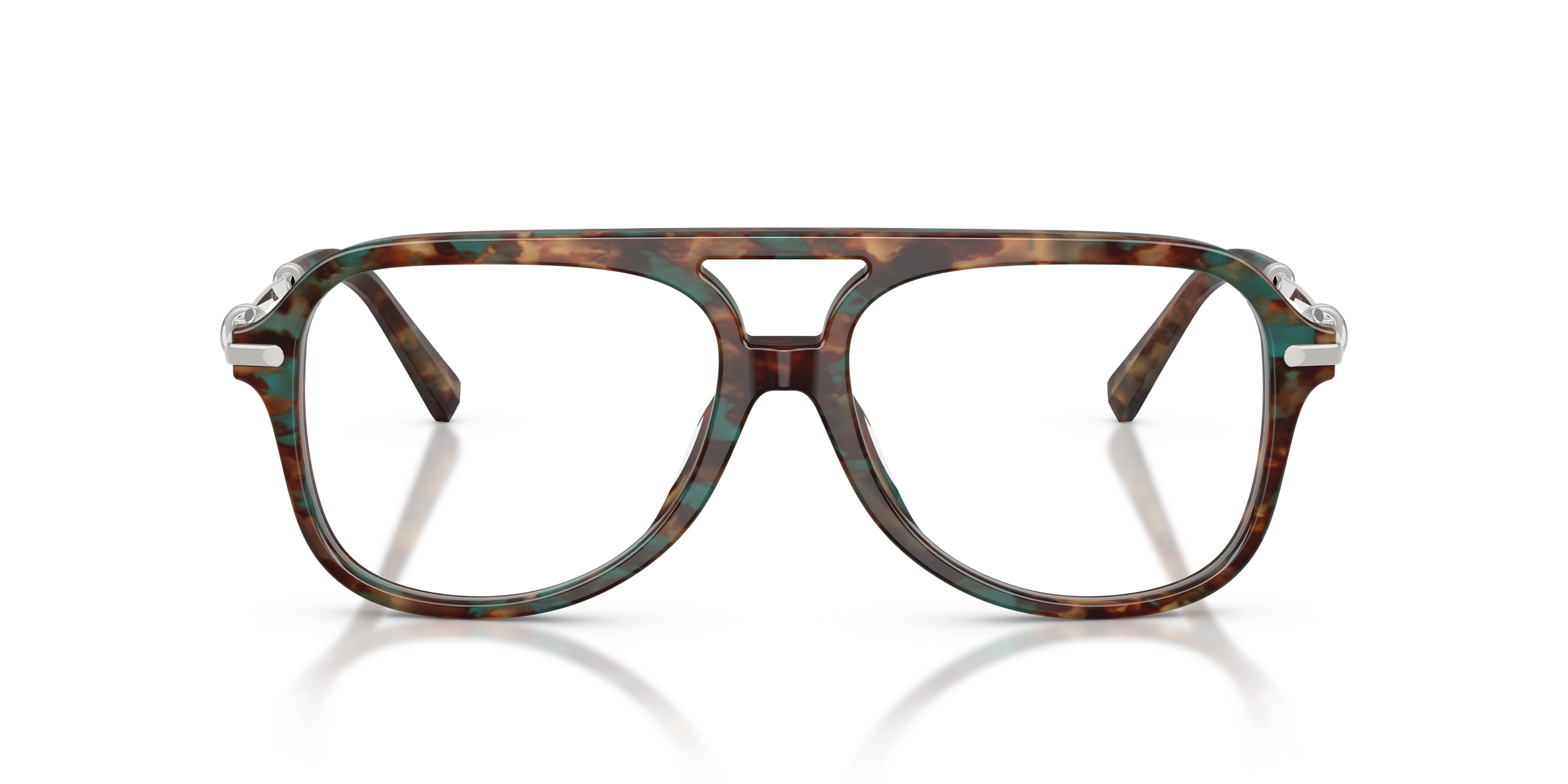 A pair of Tiffany designer eyeglasses with a tortoise-shell frame and clear lenses, reflected on a glossy white surface.