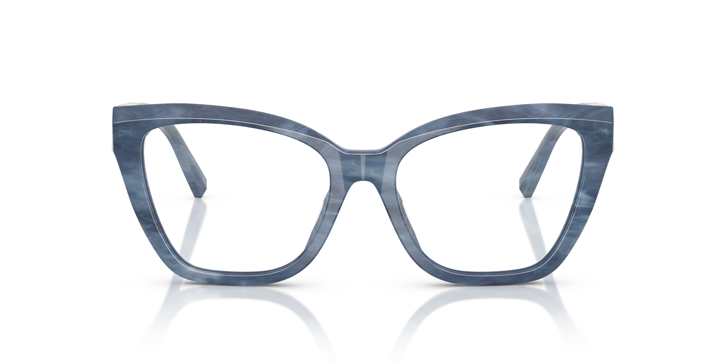 Blue marble patterned Tiffany designer eyeglasses with clear lenses, reflection on a white surface.