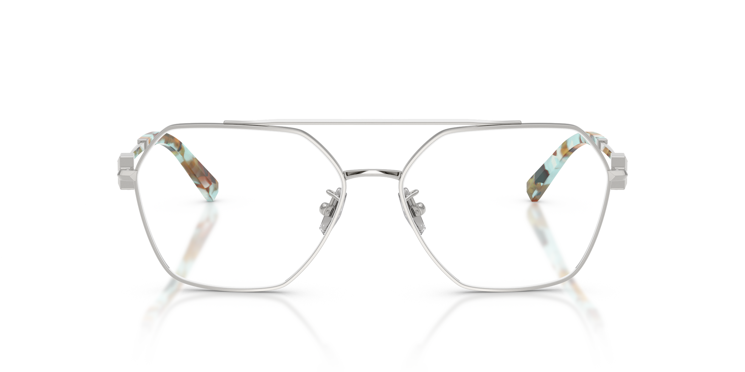 A pair of Tiffany designer eyeglasses with reflective lenses and patterned temples, reflected on a glossy surface.