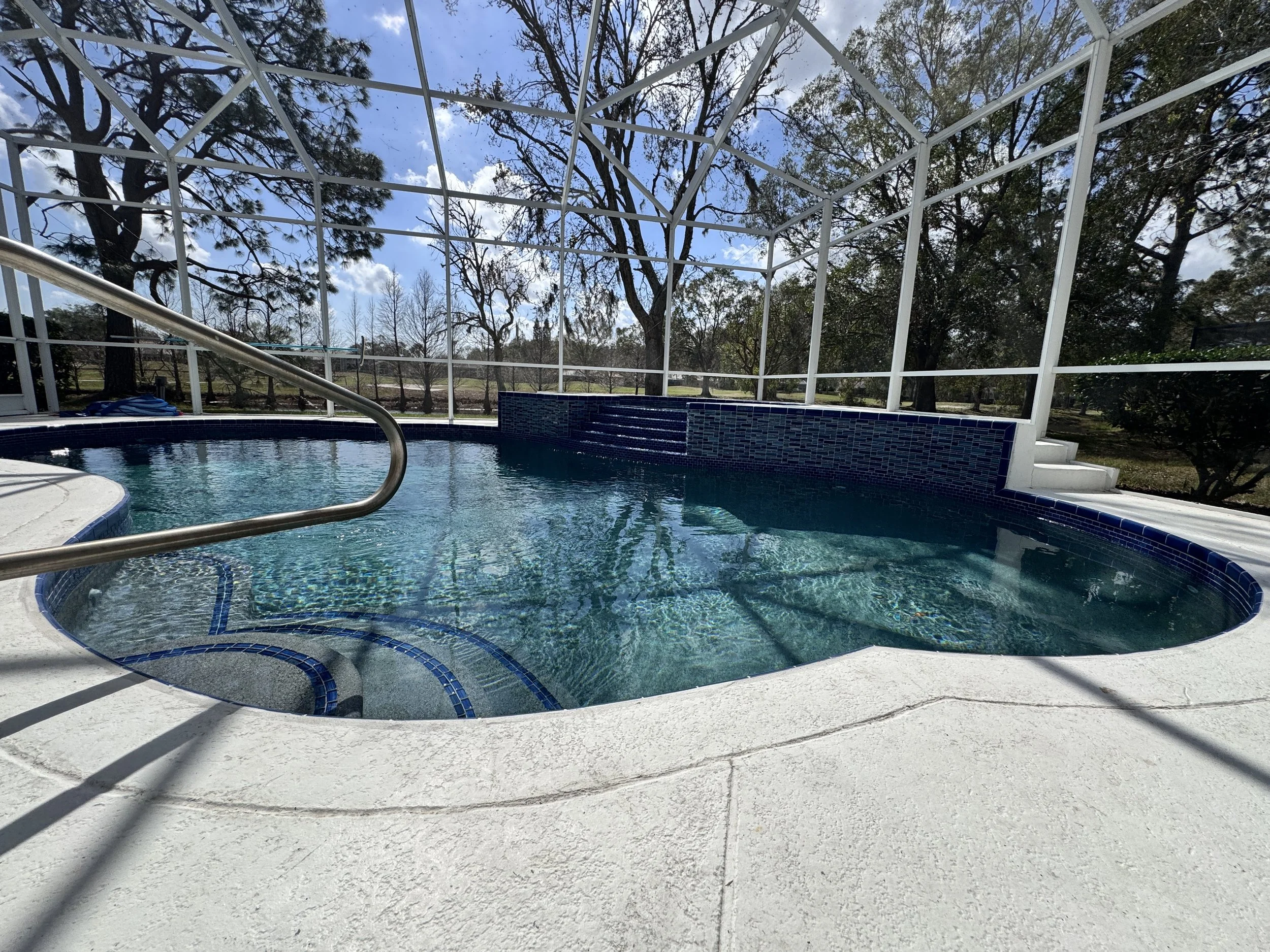 Enclosed swimming pool with clear water, surrounded by a white concrete deck, metal handrails, and blue mosaic tiles, with trees and a blue sky in the background.