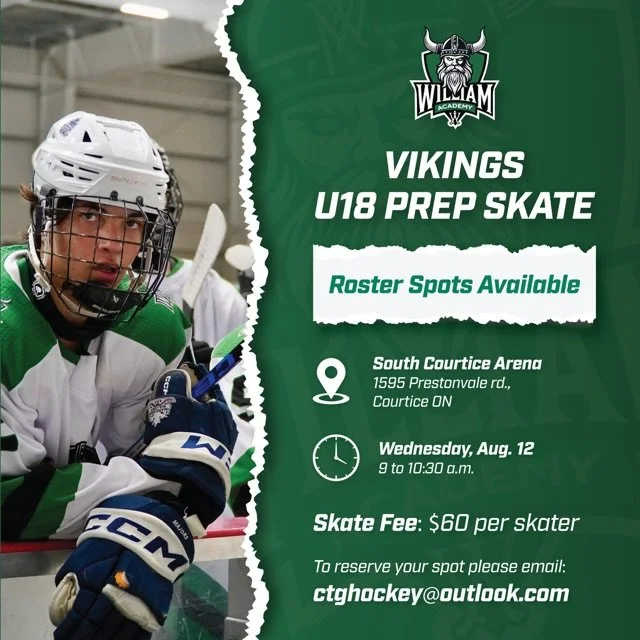Join us on the ice for an evaluation skate with the Vikings coaching staff. Open to current roster players and prospects looking to earn a spot for the upcoming season.

📍 South Courtice Arena, 1595 Prestonvale Rd., Courtice ON
🗓️ Wednesday, August