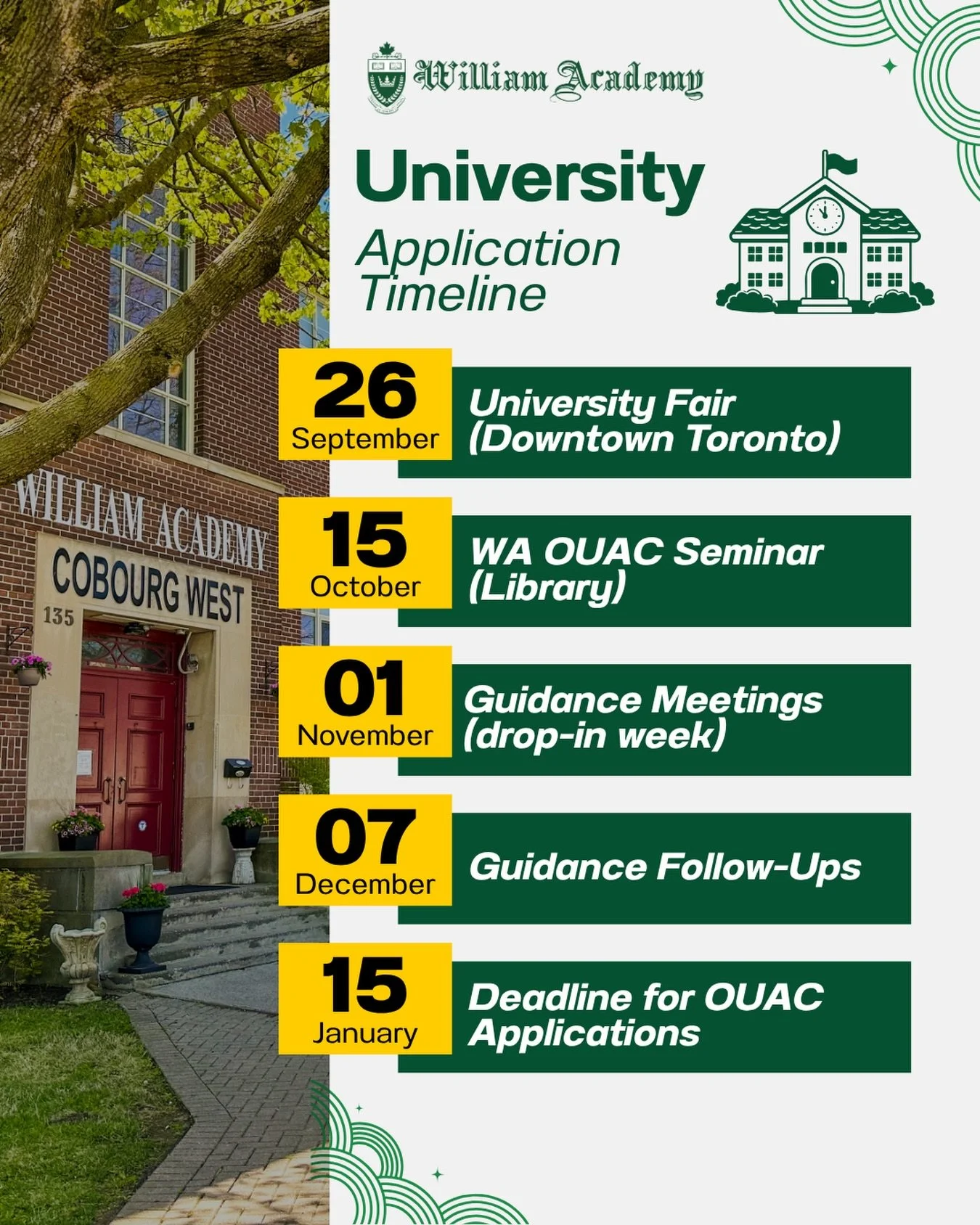 🗓️ Keep this University Application dates handy so you never miss a deadline.

Whether you&rsquo;re aiming for top Ontario universities through OUAC or applying to top global destinations, sticking to key dates is your secret to success. Save this p