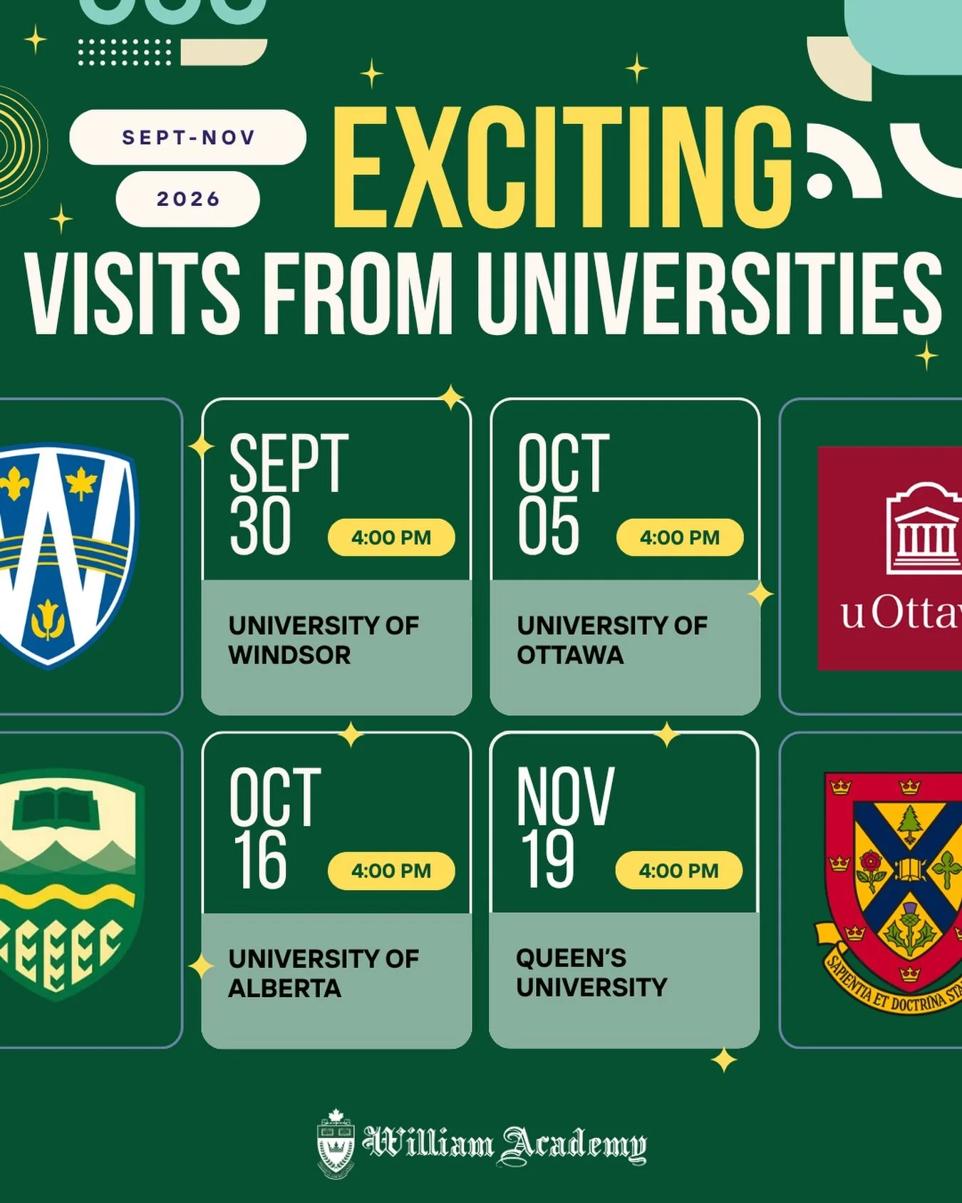 Ready to plan your post-secondary path? 🎓 Representatives from top universities are coming to William Academy! Don&rsquo;t miss the opportunity to meet recruitment officers, ask questions about programs, and discover what campus life is like.

📍 Wh