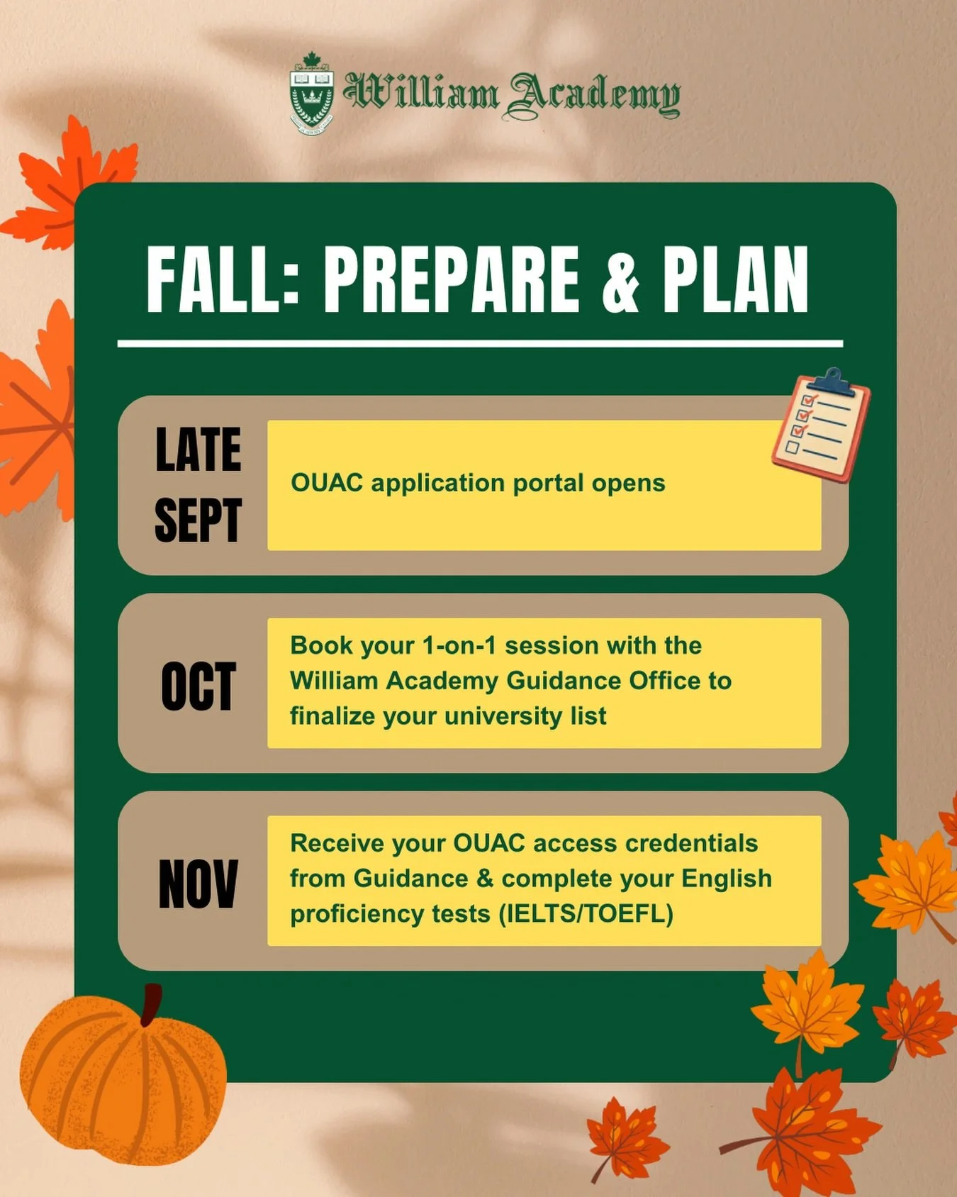 Keep this University Application Timeline handy so you never miss a deadline.⏰

Whether you&rsquo;re aiming for top Ontario universities through OUAC or applying to top global destinations, sticking to key dates is your secret to success. ✅📚
