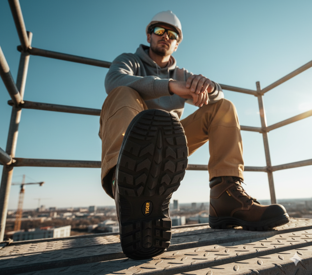 Canadian construction worker wearing Tiger King CSA Grade 1 safety boots on scaffolding at a building site - durable, slip-resistant, and metal-free work shoes built for tough jobsites.