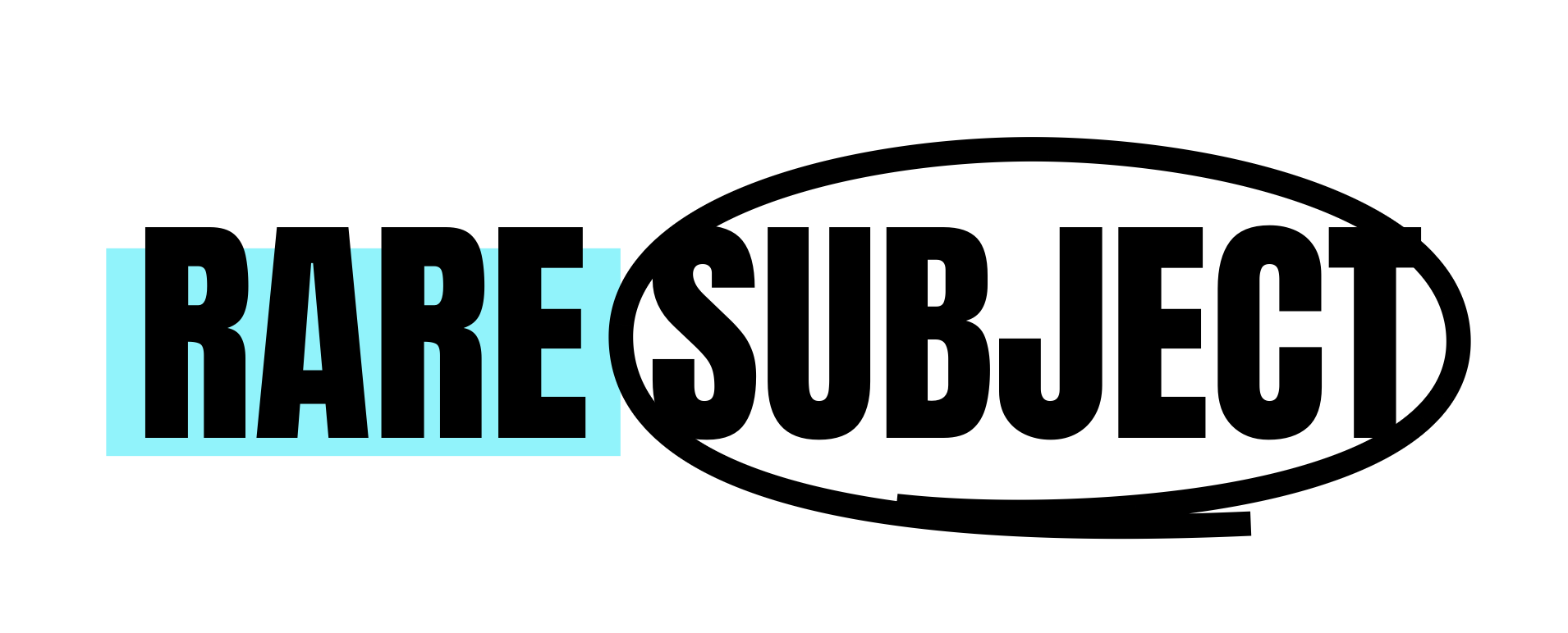 Graphic with bold black text that says "RARE" highlighted on a blue background and "SUBJECT" inside an oval outline.