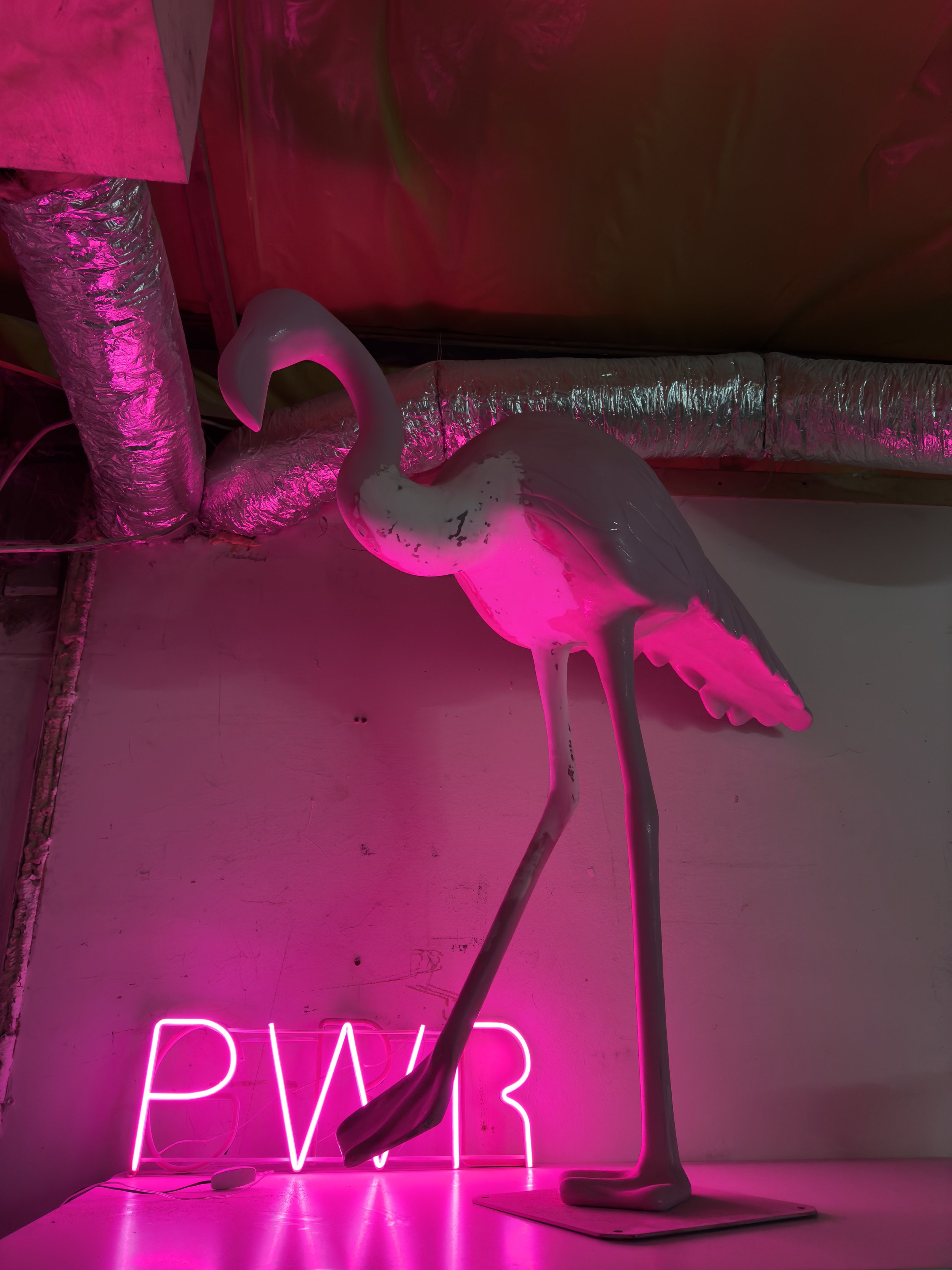 A neon pink sign that says 'PWR' and a white flamingo statue with a pink glow, set against an industrial background with ductwork.