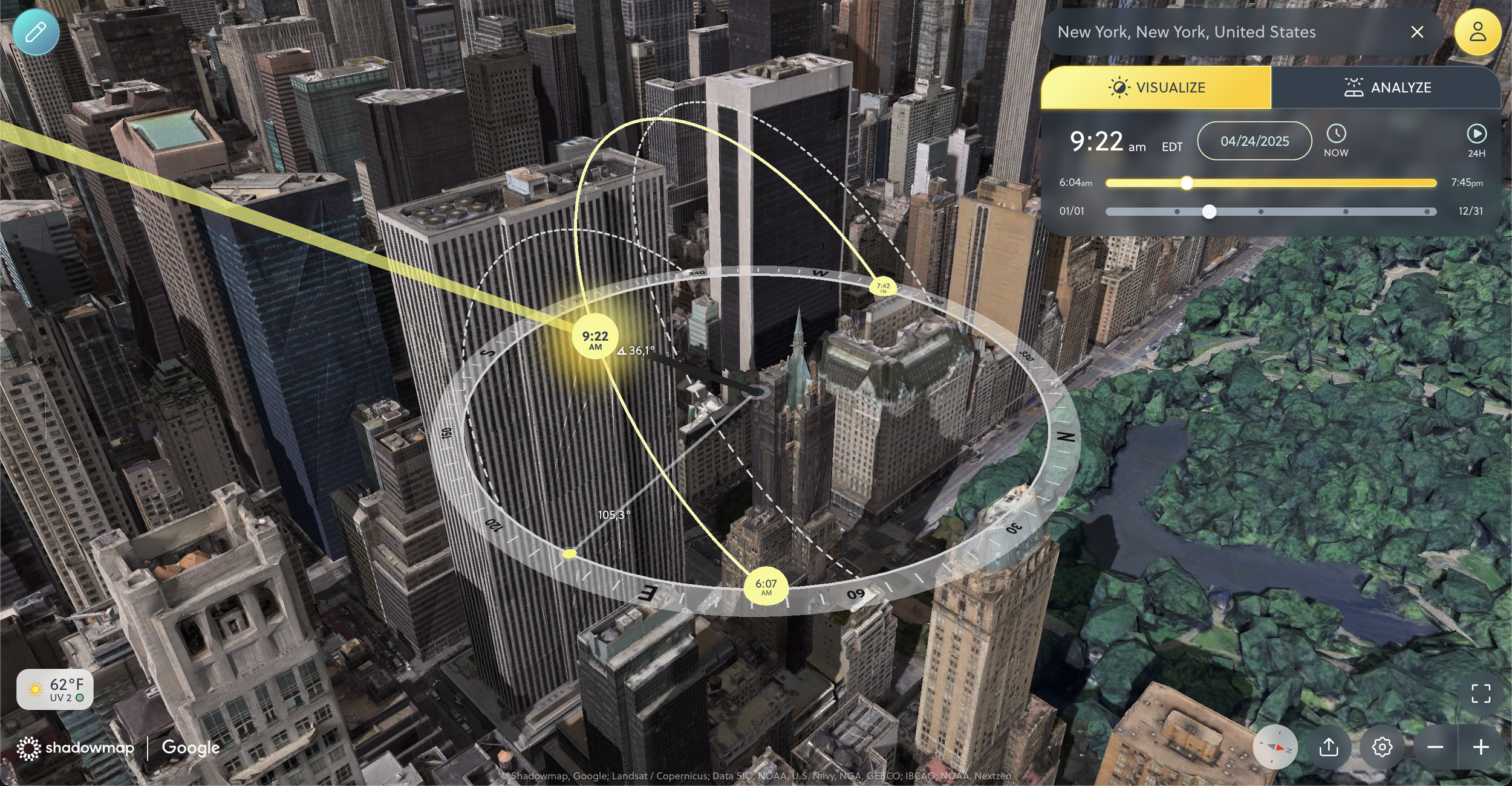 3D map of Manhattan, New York City, with tall skyscrapers, streets, and a park. Sun and clock overlay shows date, time, and sunlight position.