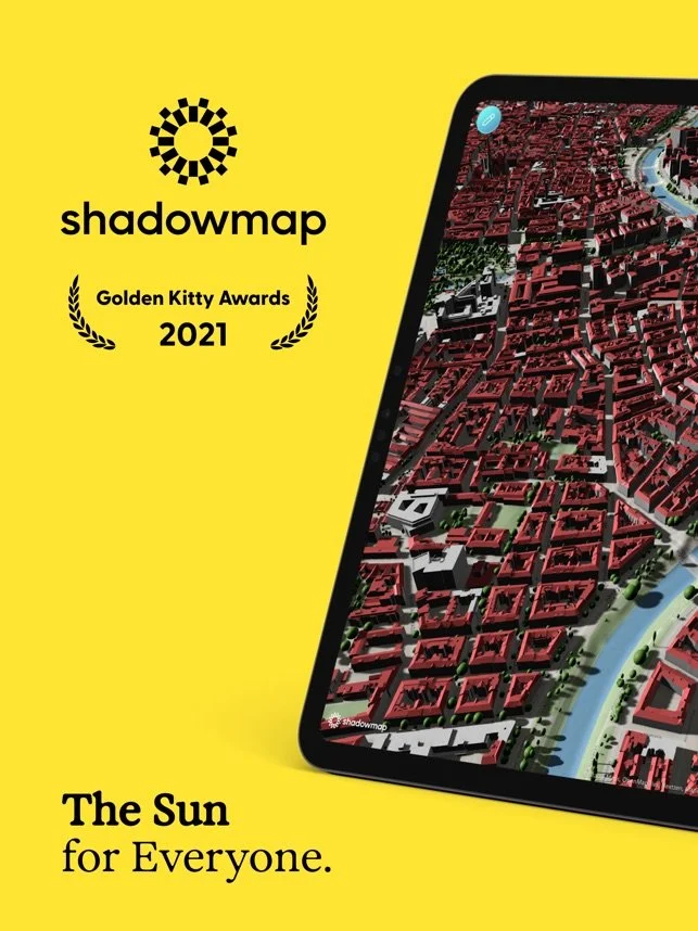 Yellow promotional poster for shadowmap showcasing an award named Golden Kitty Awards 2021. Features a large smartphone displaying a 3D map of a city with red rooftops and canals. The shadowmap logo and tagline "The Sun for Everyone" are also present.