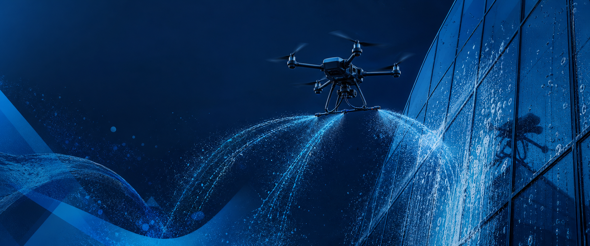 Background image of a drone washing windows