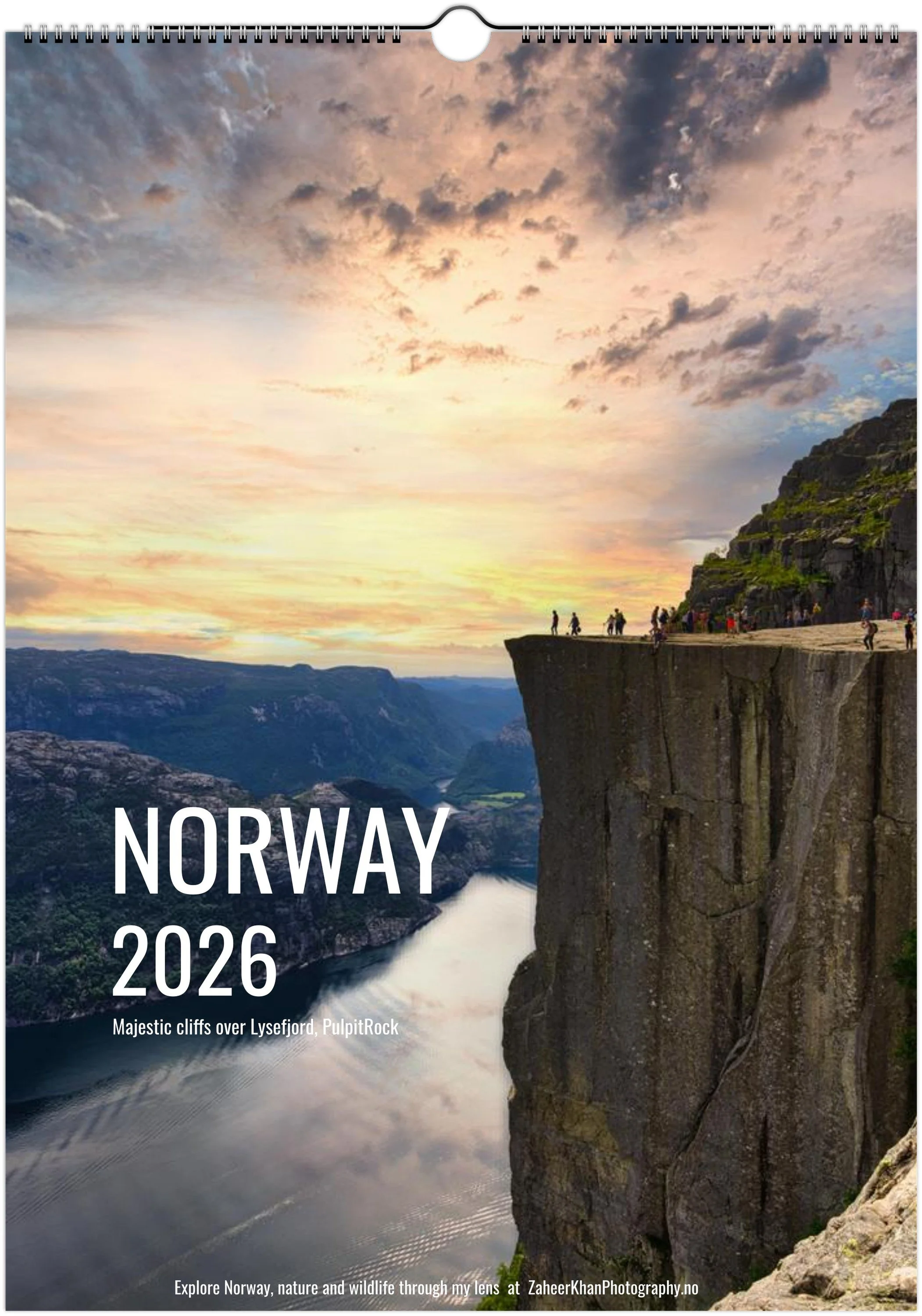 A scenic photograph of majestic cliffs over Lysefjord in Norway at sunset, with a group of people standing on the edge of the cliff, overlooking the fjord and distant mountains.