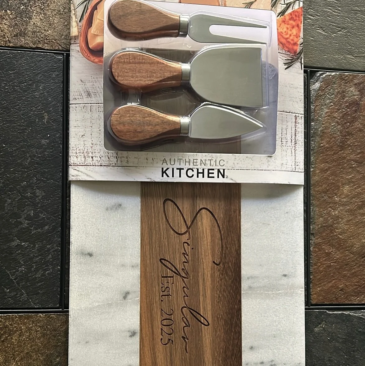 Charcuterie boards personally engraved for weddings make a stunning gift. This beautiful marble teak piece is complete with matching cheese utensils. Provide your own board, or select from Petker Engraving stock. Let’s take the stress out of gi