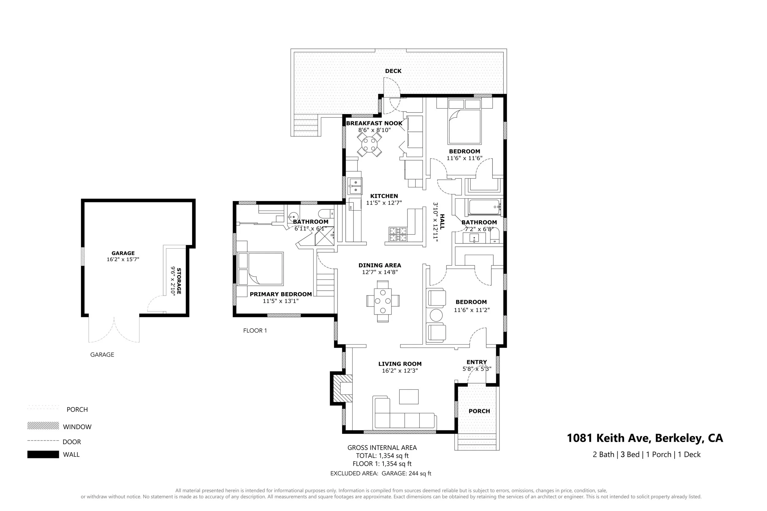 Floor plan of a house showing various rooms including a living room, dining area, kitchen, bedrooms, bathrooms, a porch, and a garage.